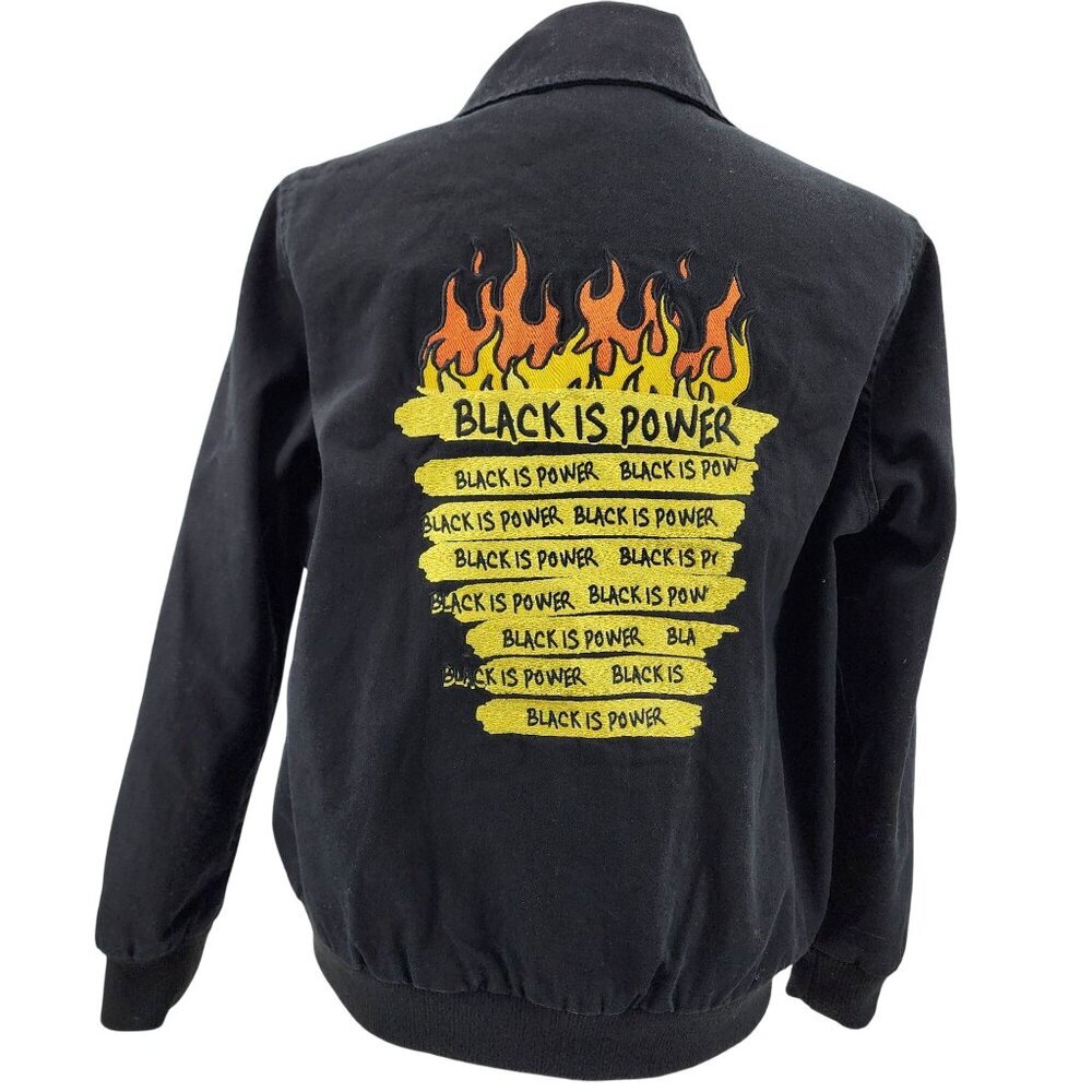 Forever 21+ Black Jacket With Embroidered Peace Sign "Black Is Power" Text Desig - Picture 2 of 12